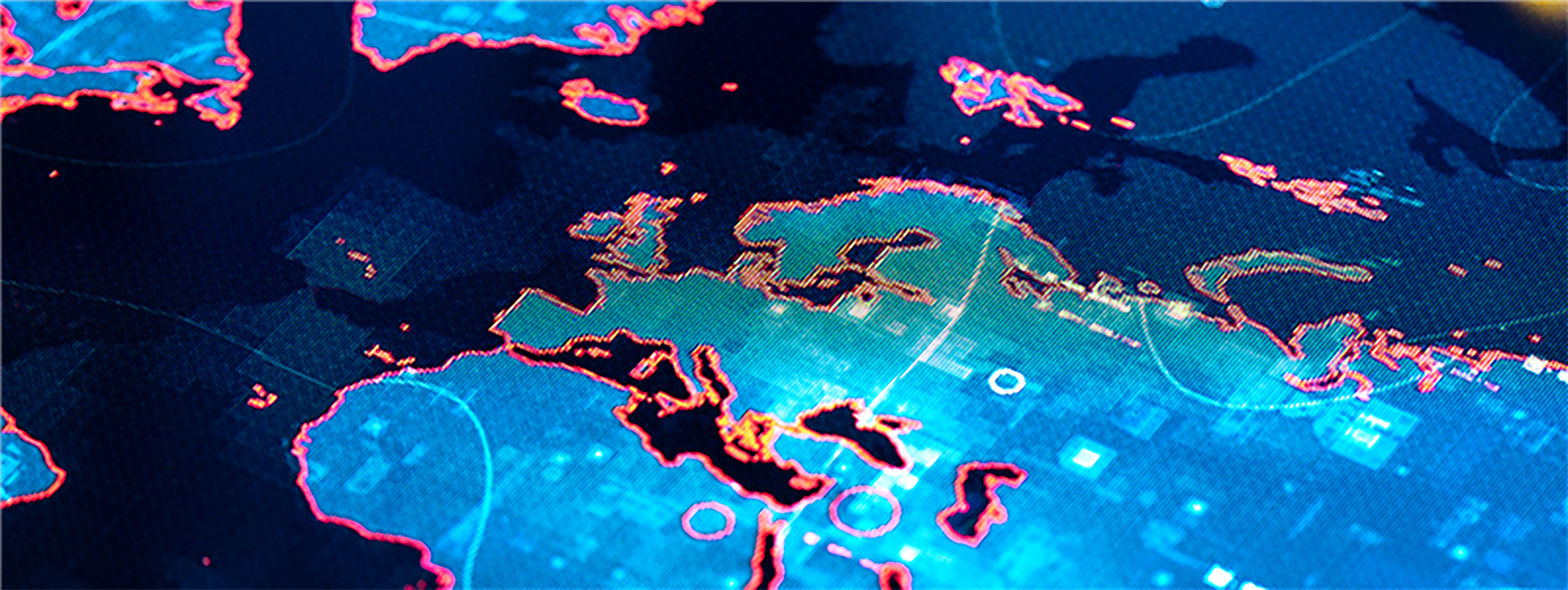 Digital map displaying parts of Europe, Asia, and Africa with regions highlighted in blue and red
