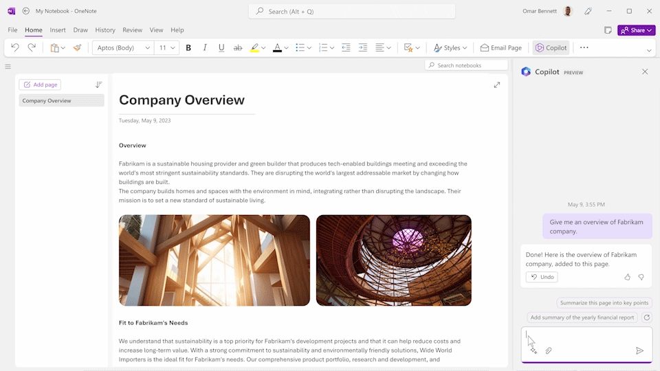 A GIF showing the ability to leverage Copilot in OneNote, typing what you need into the chat pane, such as to bring in notes and summarize the notes on a new page in OneNote.
