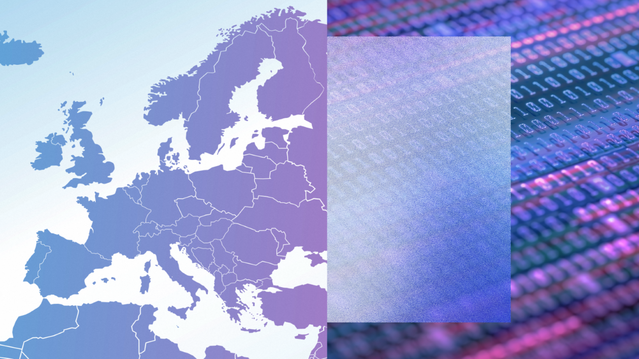 A minimalist map of Europe on a blue and purple background.