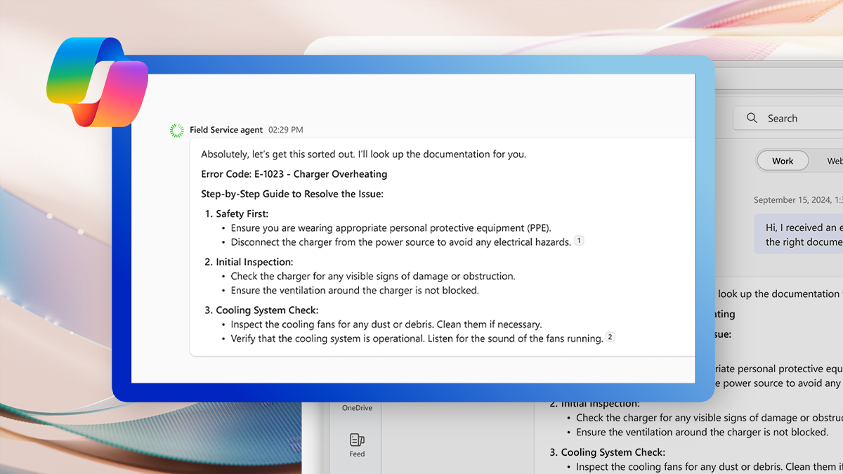 A screenshot pulled out to the forefront showing a Field Service agent in action in Microsoft 365 Copilot, providing an employee guidance on how to resolve an issue. The screen is also displayed on a computer monitor in the background. The image incorporates the Copilot logo and neutral colors in the background.