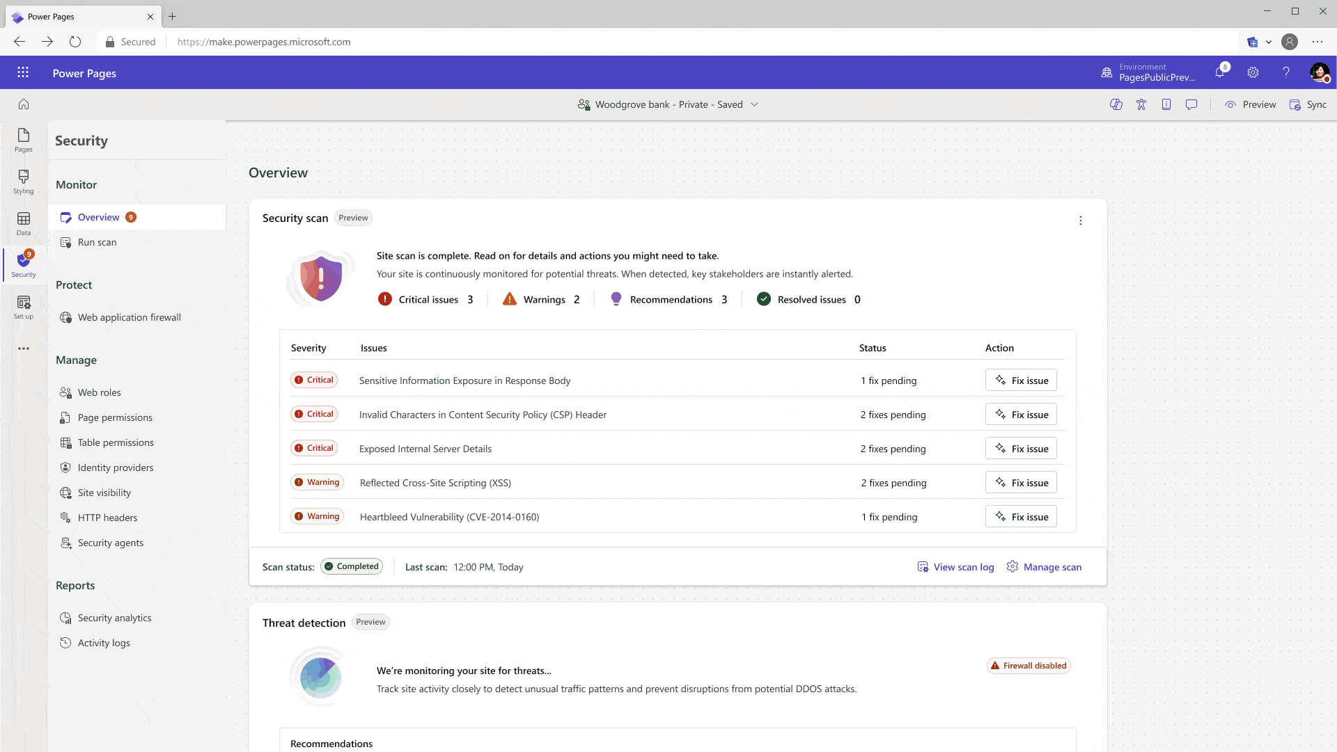 A GIF displaying Security overview page including Security scan results and notifications delivered via Microsoft Outlook and Microsoft Teams.