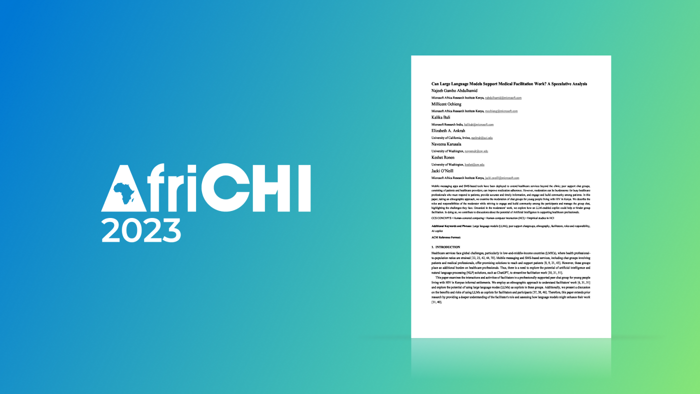 AfriCHI 2023 logo to the left of accepted paper "Can Large Language Models Support Medical Facilitation Work? A Speculative Analysis" on a blue/green gradient background