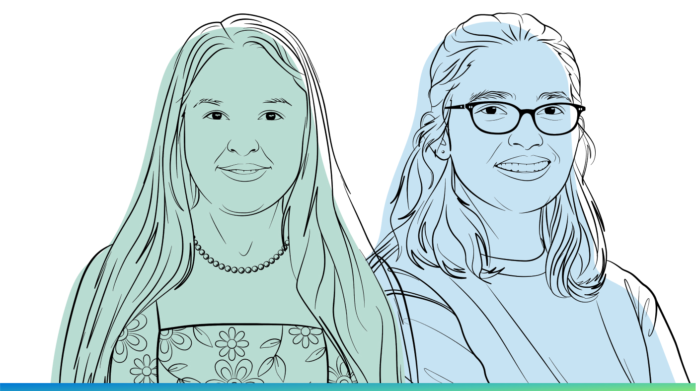 Outline illustrations of Angela Busheska, an undergraduate engineering student at Lafayette College and Vaishnavi Ranganathan, a Senior Researcher at Microsoft.