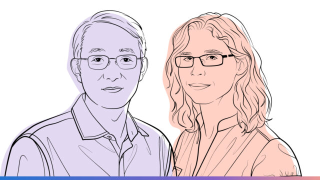 Illustrated headshots of Lidong Zhou and Eliza Strickland