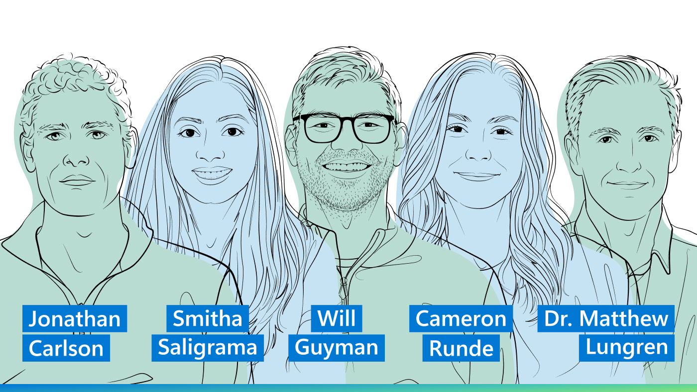 Microsoft Research Podcast | Collaborators: Healthcare Innovation to Impact | outline illustrations of Jonathan Carlson, Smitha Saligrama, Will Guyman, Cameron Runde, Dr. Matthew Lungren