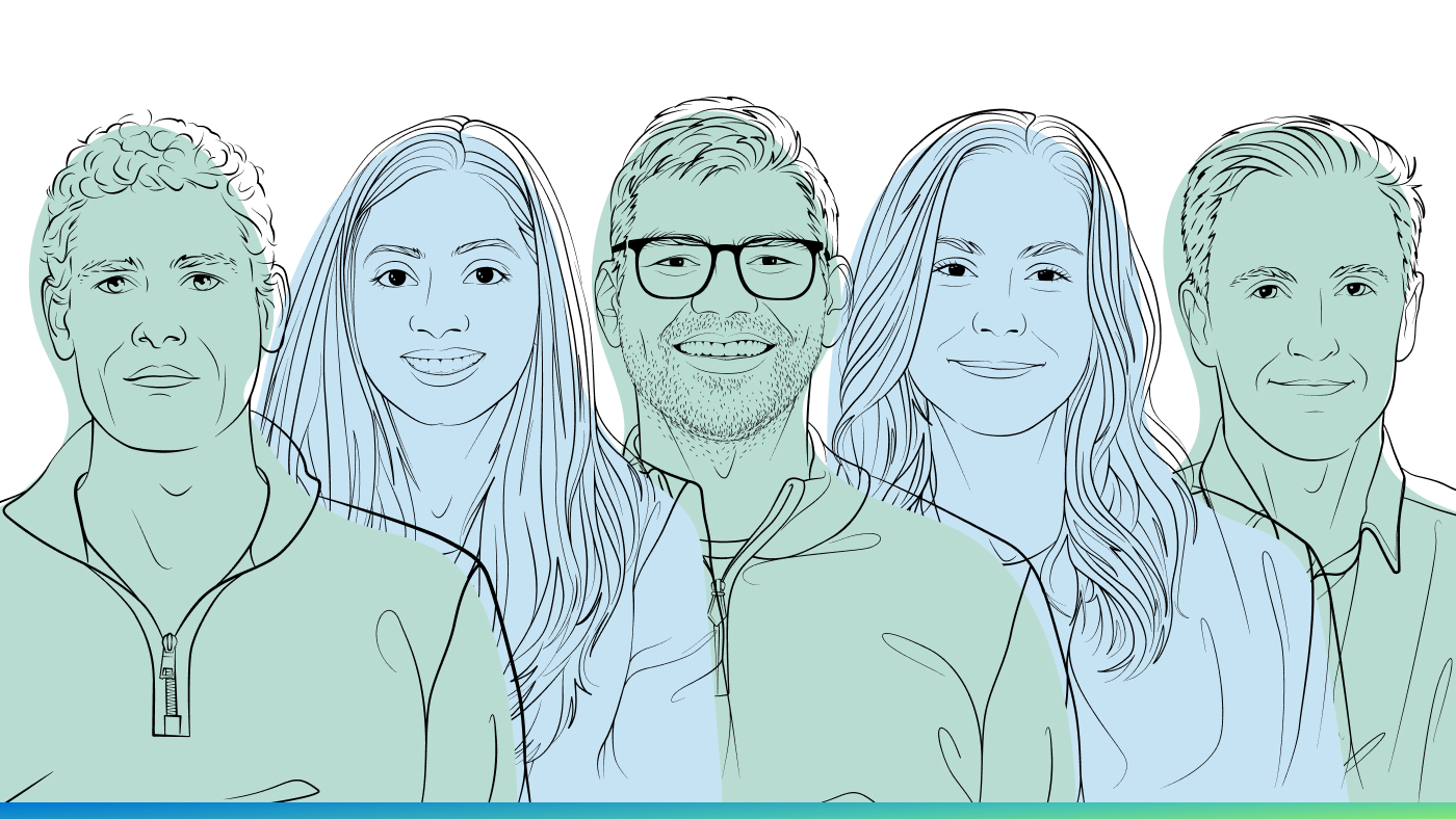 Microsoft Research Podcast | Collaborators: Healthcare Innovation to Impact | outline illustrations of Jonathan Carlson, Smitha Saligrama, Will Guyman, Cameron Runde, Dr. Matthew Lungren
