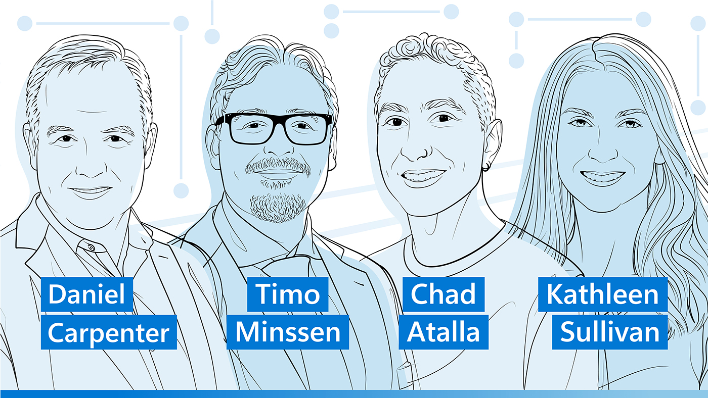 Illustrated headshots of Daniel Carpented, Timo Minssen, Chad Atalla, and Kathleen Sullivan.