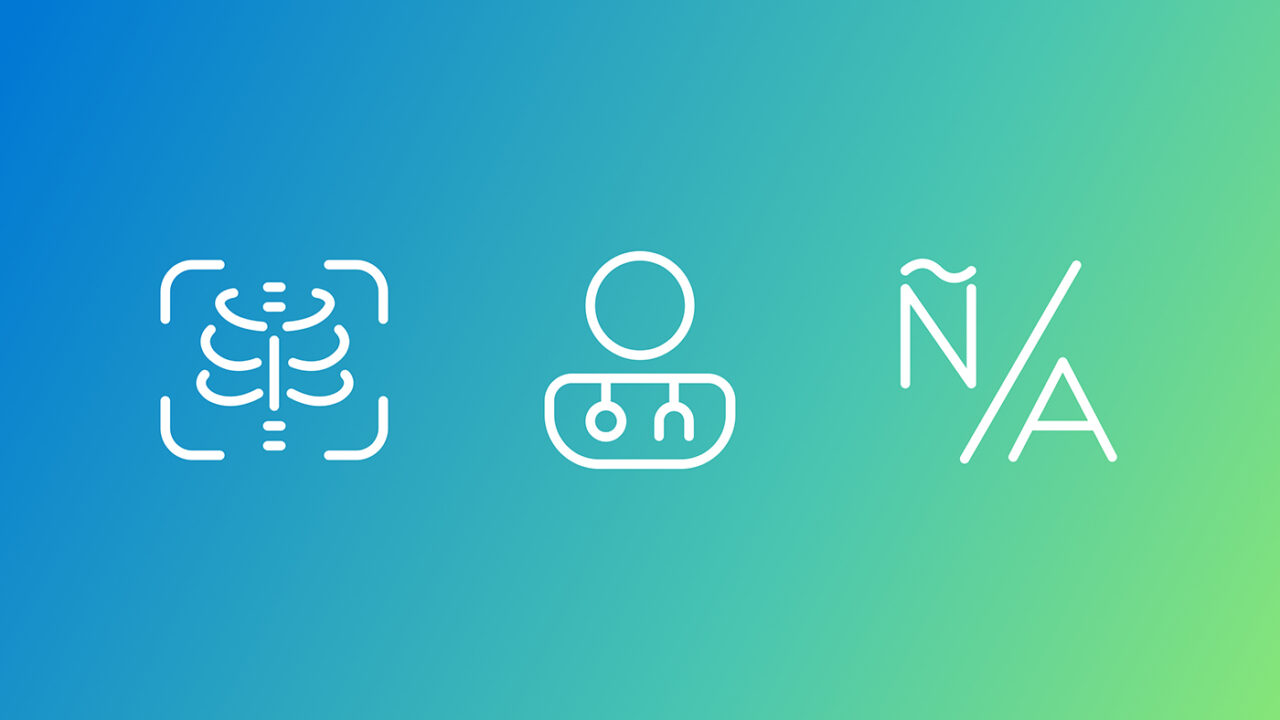 Alt text: The image features three white icons on a gradient background transitioning from blue on the left to green on the right. The first icon, located on the left, resembles an X-ray of a ribcage enclosed in a square with rounded corners. The middle icon depicts a hierarchical structure with one circle at the top connected by lines to two smaller circles below it. The third icon, positioned on the right, shows the letters 