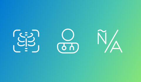 Alt text: The image features three white icons on a gradient background transitioning from blue on the left to green on the right. The first icon, located on the left, resembles an X-ray of a ribcage enclosed in a square with rounded corners. The middle icon depicts a hierarchical structure with one circle at the top connected by lines to two smaller circles below it. The third icon, positioned on the right, shows the letters