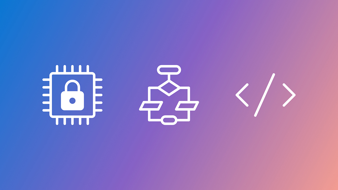 Three white icons on a gradient background that transitions from blue on the left to pink on the right. The first icon, on the left, is a microchip with a padlock in the center. The middle icon is a flowchart diagram with connected shapes. The third icon, on the right, consists of two angle brackets facing each other.