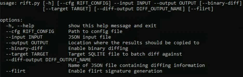 Screenshot of code depicting the RIFT Generator command line options, such as -h or --help to show this help message and exit, or --flirt to enable flirt signature generation. 